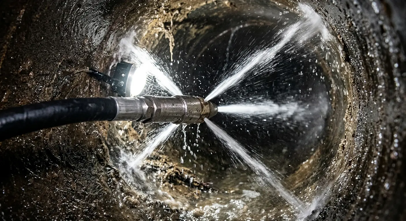 High-pressure hydro jetting nozzle cleaning sewer pipe for Storm Drain Cleaning in Berryville