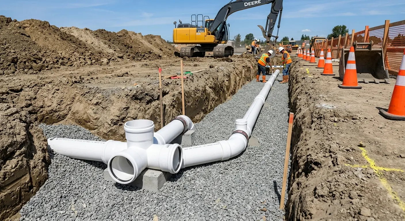 New PVC sewer pipe installation in open trench for Sewer Backup in Berryville