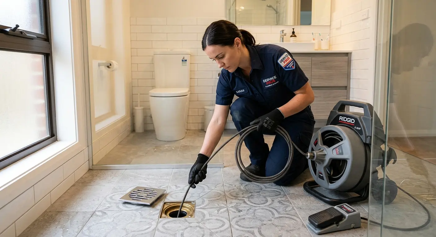 Technician clearing a bathroom floor drain for Sewer Line Replacement in Berryville